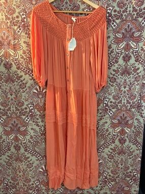 NWT EASEL S coral colored boho maxi dress w/ embroidered neck, button down front